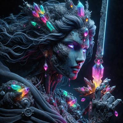 The primary subject of the image is a woman with a unique and intricate appearance. She is wearing a crown and holding a sword, which adds to her striking visual style. The setting appears to be a dark, possibly futuristic environment, which complements the overall mood of the image. The visual style of the image is a combination of digital art and illustration, creating a striking and memorable scene.